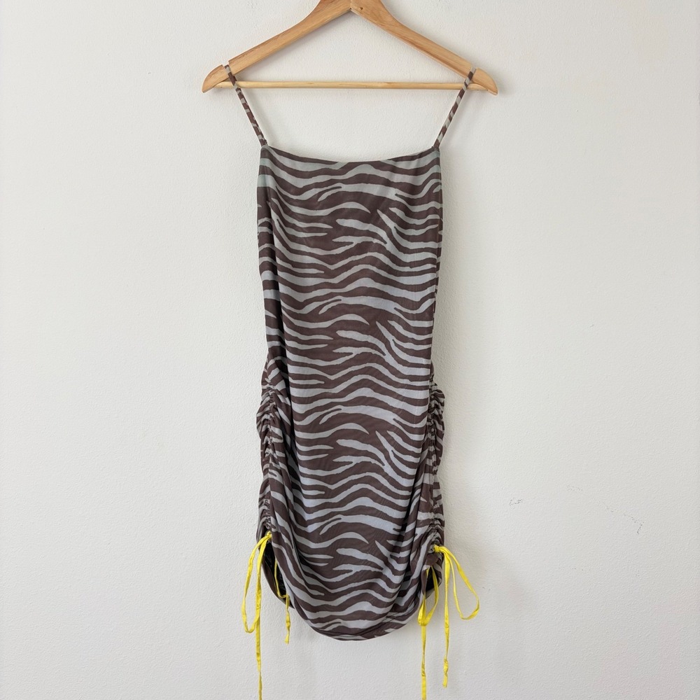 STAUD Y2K Brown Ombré Green Zebra Print Mesh Ruched Mini Dress Yellow Ties Med